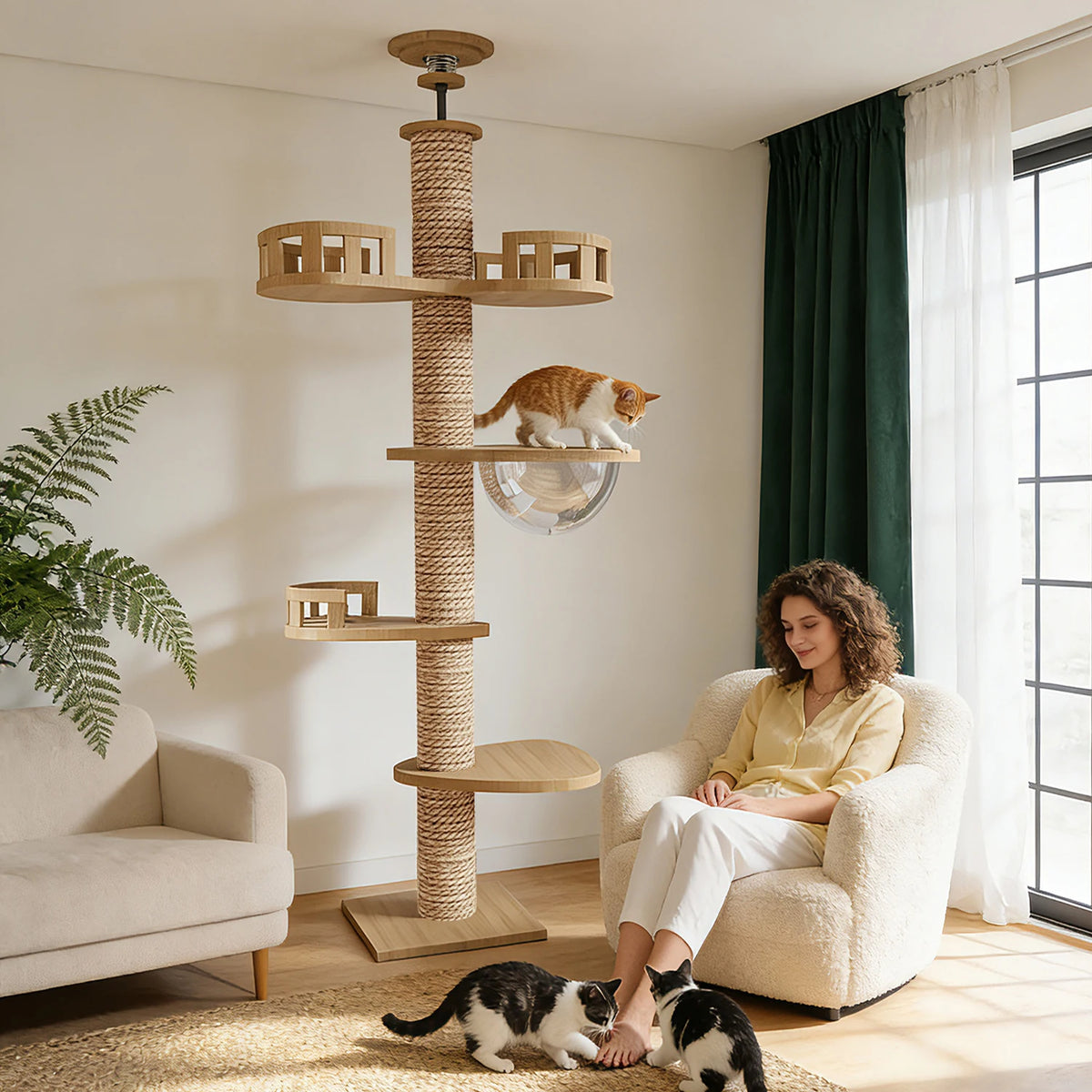 Floor‑to‑Ceiling Density Board Cat Tree Tower, Multi‑Level Cat Climbing Frame with Rotatable Perch, Space Capsule Nest, Jute Rope Scratching Post & Reinforced Pine Base for Indoor Cats