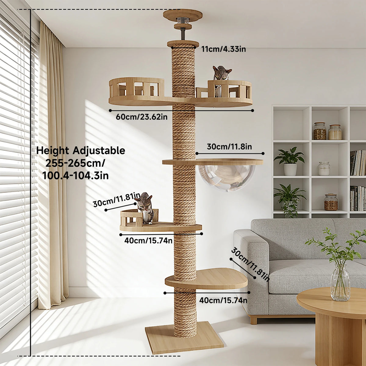 Floor‑to‑Ceiling Density Board Cat Tree Tower, Multi‑Level Cat Climbing Frame with Rotatable Perch, Space Capsule Nest, Jute Rope Scratching Post & Reinforced Pine Base for Indoor Cats