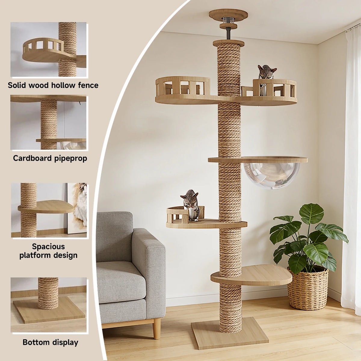 Floor‑to‑Ceiling Density Board Cat Tree Tower, Multi‑Level Cat Climbing Frame with Rotatable Perch, Space Capsule Nest, Jute Rope Scratching Post & Reinforced Pine Base for Indoor Cats