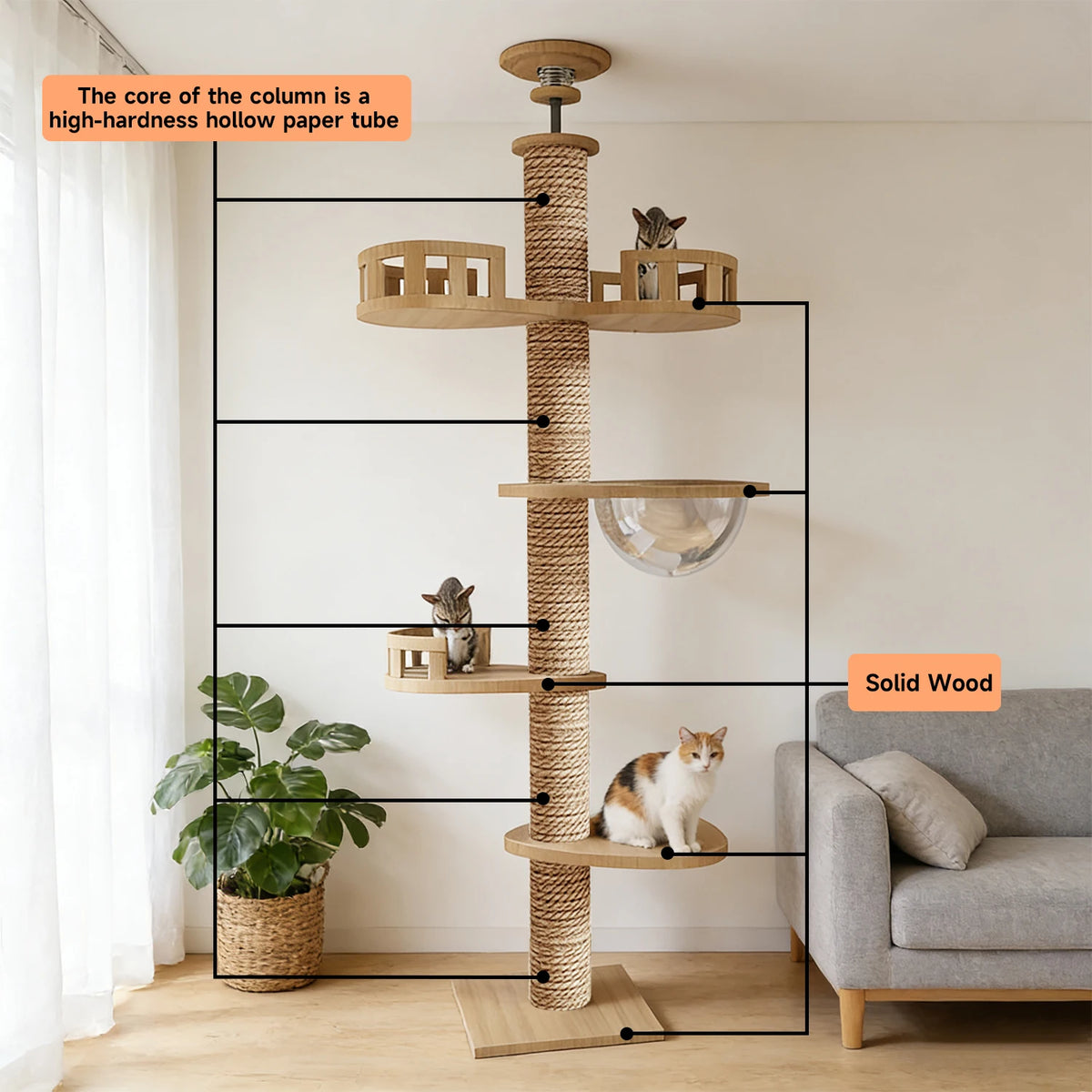Floor‑to‑Ceiling Density Board Cat Tree Tower, Multi‑Level Cat Climbing Frame with Rotatable Perch, Space Capsule Nest, Jute Rope Scratching Post & Reinforced Pine Base for Indoor Cats