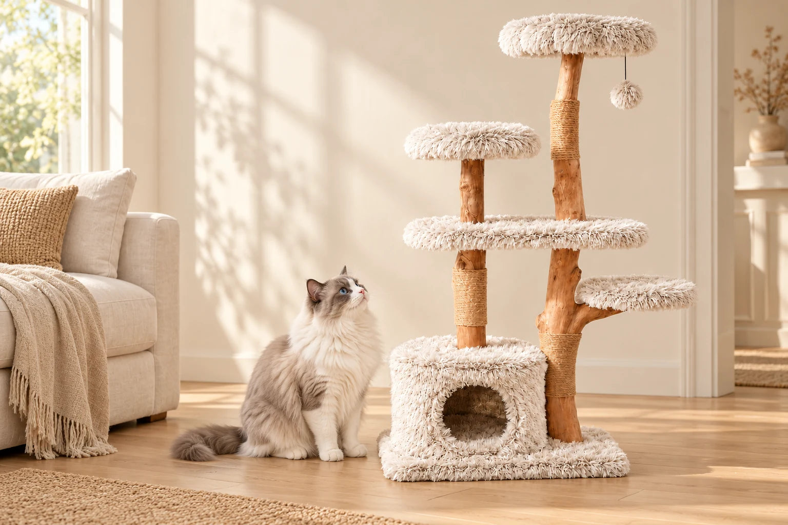 Canopée, arbre à chat Signature en poirier et ivoire, mis en scène dans un salon avec un Ragdoll