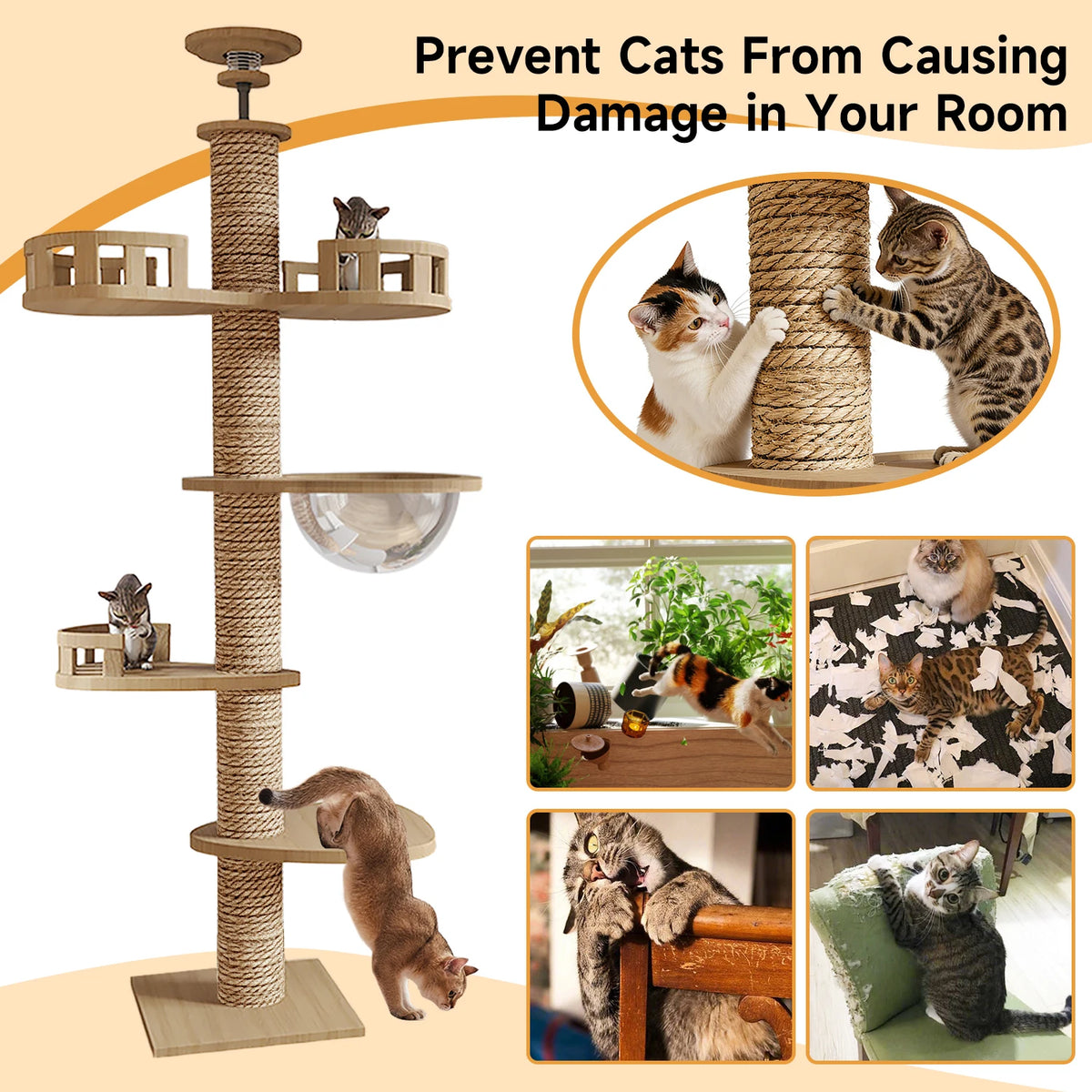 Floor‑to‑Ceiling Density Board Cat Tree Tower, Multi‑Level Cat Climbing Frame with Rotatable Perch, Space Capsule Nest, Jute Rope Scratching Post & Reinforced Pine Base for Indoor Cats
