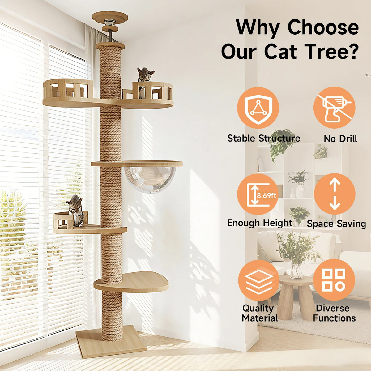 Floor‑to‑Ceiling Density Board Cat Tree Tower, Multi‑Level Cat Climbing Frame with Rotatable Perch, Space Capsule Nest, Jute Rope Scratching Post & Reinforced Pine Base for Indoor Cats