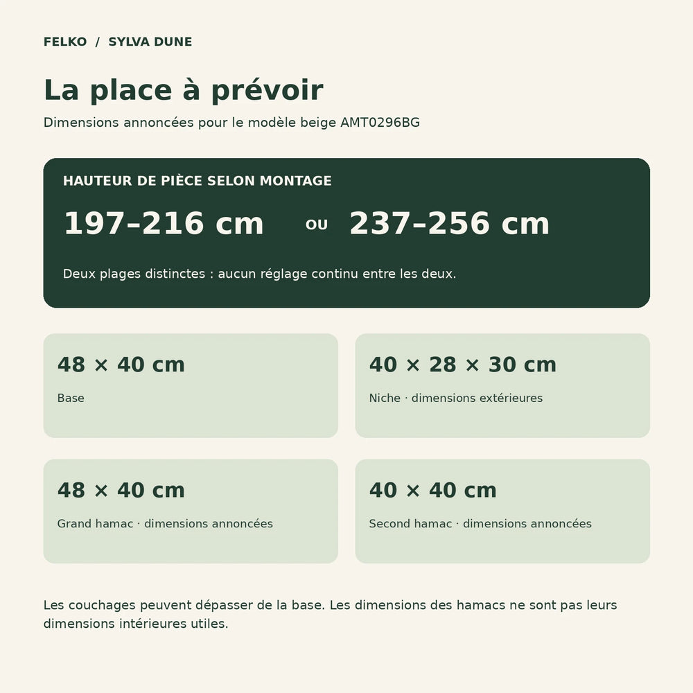 Dimensions du modèle Sylva Dune : base de 48 × 40 cm et hauteurs de montage de 197–216 cm ou 237–256 cm.