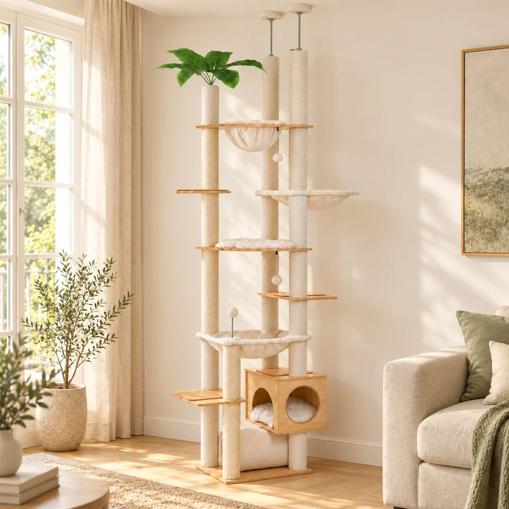 Arbre à chat Sylva, modèle Dune beige, installé dans un intérieur lumineux.