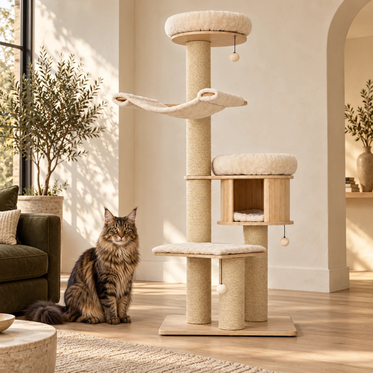 Atlas en bois clair et crème, avec un Maine Coon à proximité